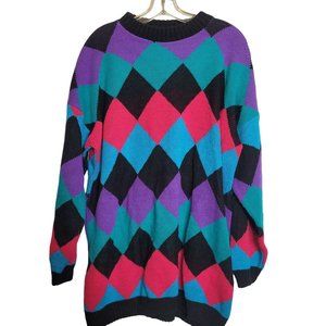 Vintage Sweater Diamond Pattern Pink Purple Teal New Addition Adele Knit XL